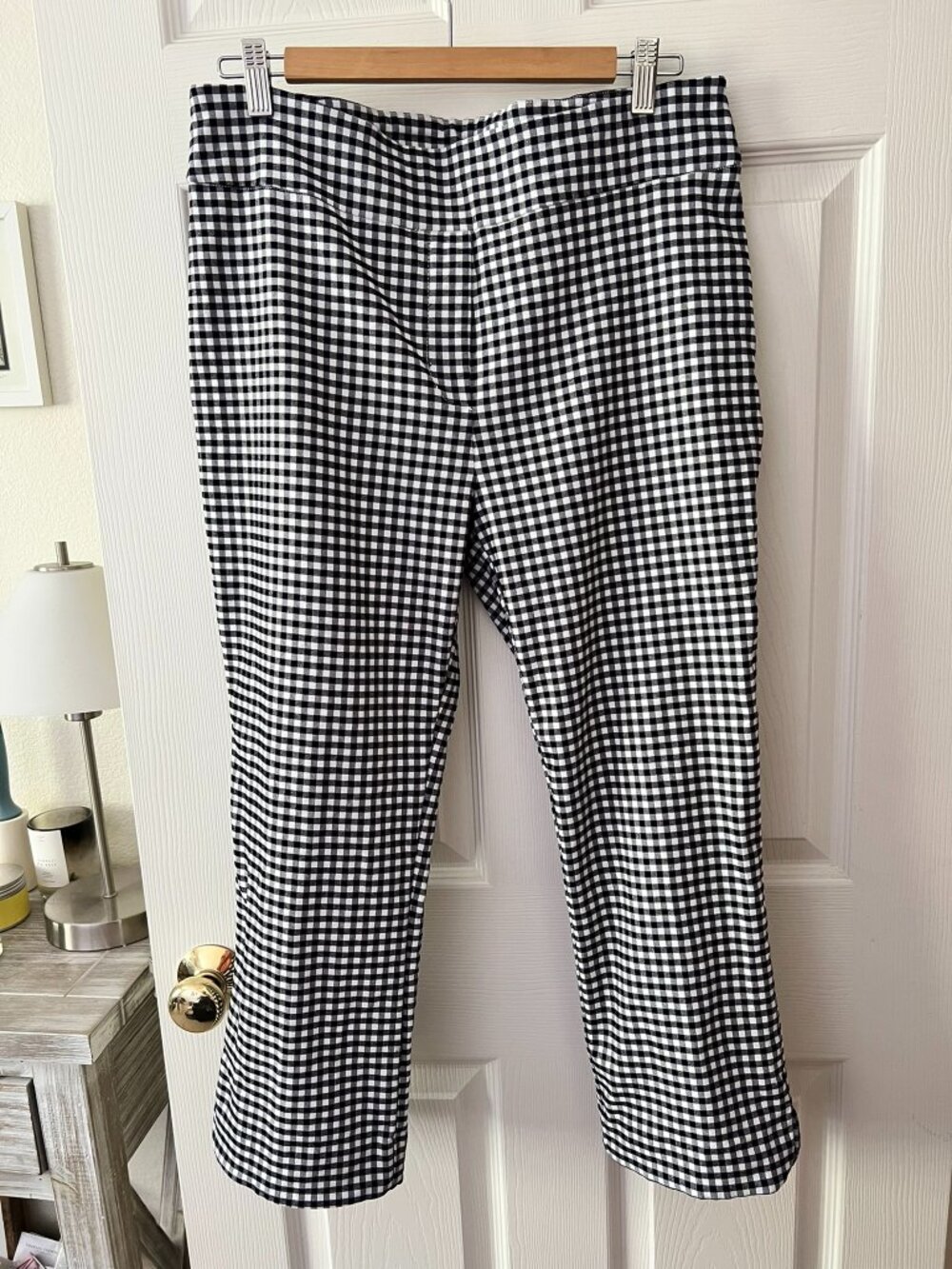 Autres Filles Gingham Cropped Pants Womens LG Black White Check High Rise Ankle